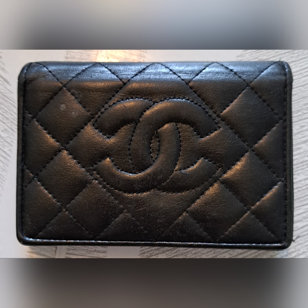 Authentic Chanel Black Caviar Leather Tufted Quilted Trifold Wallet w/ Kiss Lock